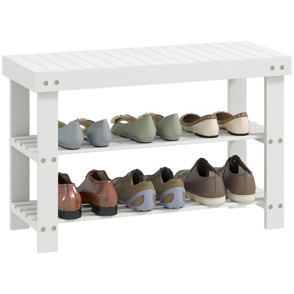Banco Sapateira de Bambu Organizador de Sapatos com 2 Prateleiras para 6 - 9 Pares de Sapatos 70x28x45 cm Branco