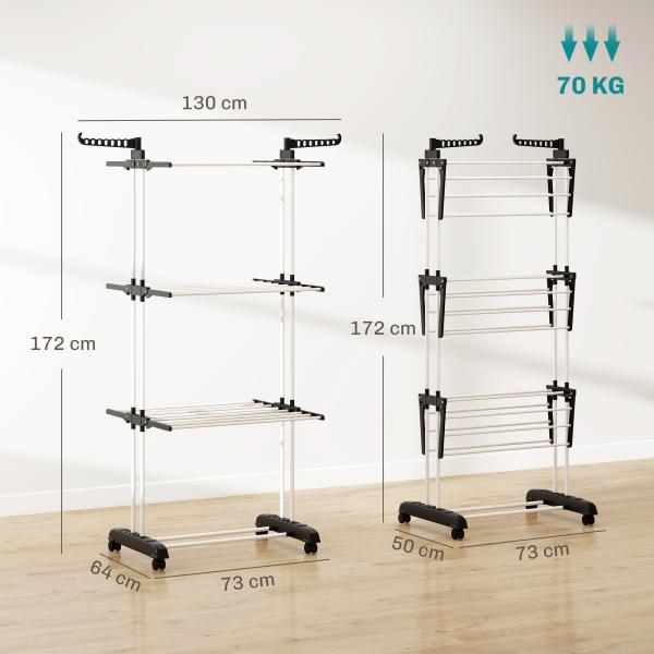 Estendal Dobrável para Roupa com Rodas Estendal Vertical de Aço com 3 Níveis Laterais Dobráveis 73x64x177cm Preto e Branco