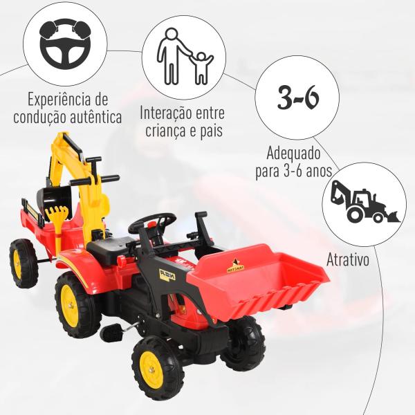 Trator de pedais para crianças acima de 3 anos com reboque e pá frontal 179x42x59 cm Vermelho