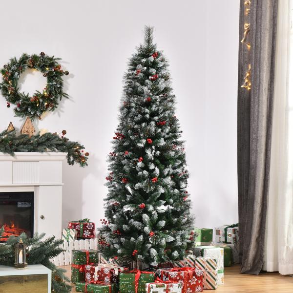 Árvore de Natal Artificial 180cm Ignífugo com 539 Ramos 51 Bagas Folhas de PVC Base Dobrável e Suporte Metálico Verde