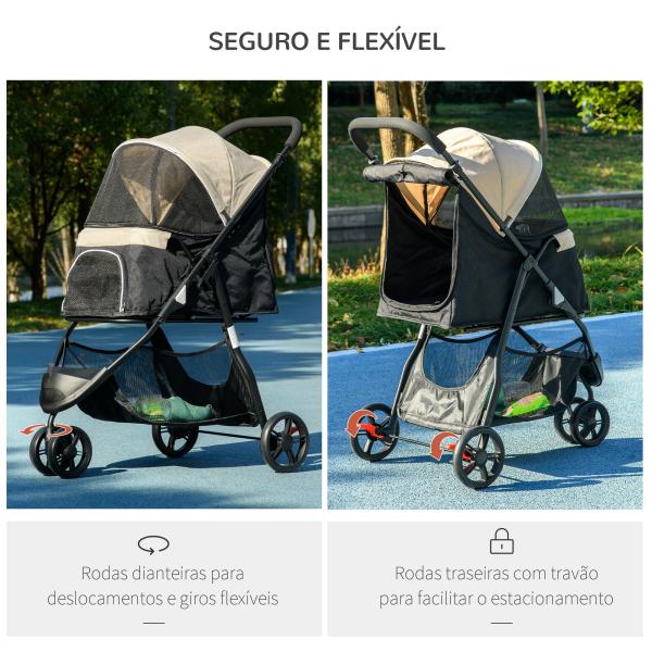 Carrinho para Cães Dobrável para Cães Pequenos com Cesta de Armazenamento Janela de Malha Capa para Chuva 80,5x51,5x100 cm Caqui