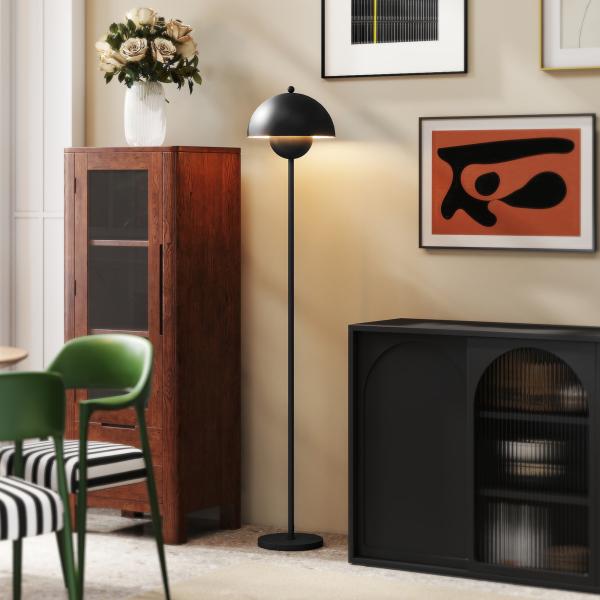 Candeeiro de Pé Moderno com Ecrã em Forma de Taça Refletora de Luz Interruptor de Pé Suporte E27 sem Lâmpada Ø35x155 cm Preto