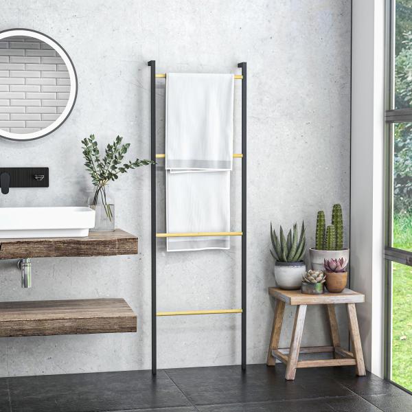 Toalheiro de 4 Níveis Toalheiro Casa de Banho com 4 Barras de Bambu e Estrutura de Aço 49x5,5x167,5 cm Preto e Madeira