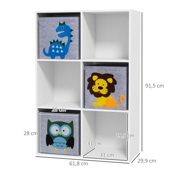 Estante para Brinquedos com 6 Compartimentos e 3 Caixas de Tecido não Tecido e Desenho de Animais 61,8x29,9x91,5 cm Branco e Cinza