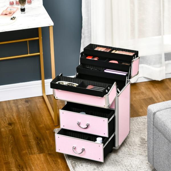 Mala de Maquilhagem Professional com Rodas 6 Gavetas Extensíveis Fechadura 2 Chaves e Alça Retrátil 36x23x58 cm Rosa