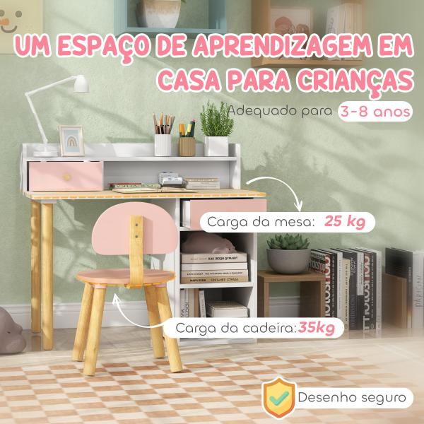 Conjunto de Secretária e Cadeira para Crianças Mesa de Estudo com Prateleiras e Gaveta Carga 80 kg 85x48x73 cm Rosa