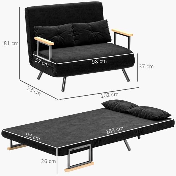 Sofá Cama Sofá Convertível em Cama de 2 Lugares Dobrável com Encosto Ajustável em 5 Níveis e 2 Almofadas 102x73x81 cm Preto