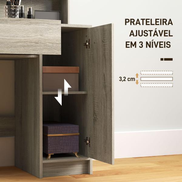 Toucador de Maquilhagem com Banco Mesa de Maquilhagem com Espelho Prateleiras e Gaveta 80x40x132 cm Madeira e Bege