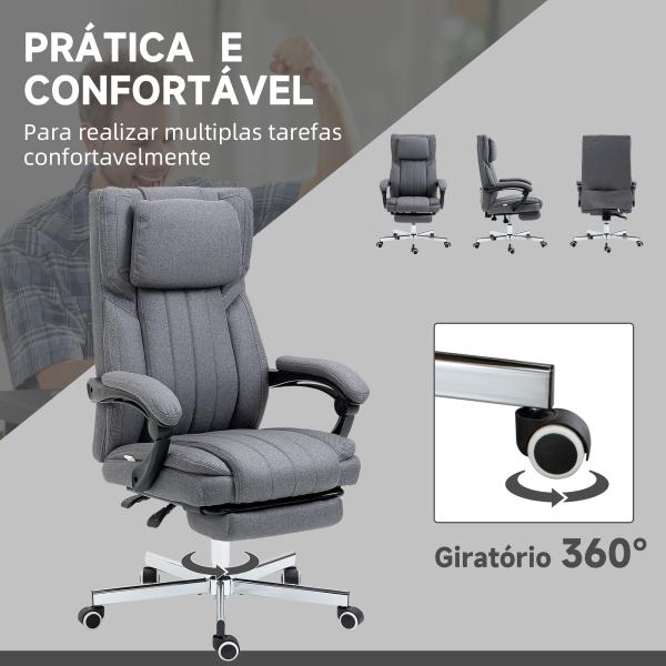Cadeira de Escritório com 6 Pontos de Massagem com Vibração Reclinável com Altura Ajustável 65x61x101 - 113 cm Cinza