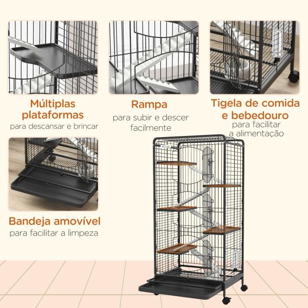 Gaiola para Pequenos Animais com 6 Níveis Gaiola para Roedores com Rodas Rampa e Bandeja Amovível 61,5x44x131 cm Preto