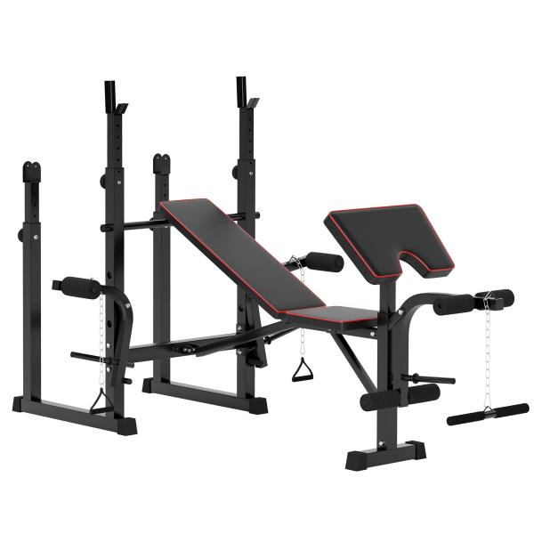 Banco de Musculação Dobrável Banco Multifunções com Suportes para Barras e Encosto Ajustável para Treino Completo de Corpo Preto