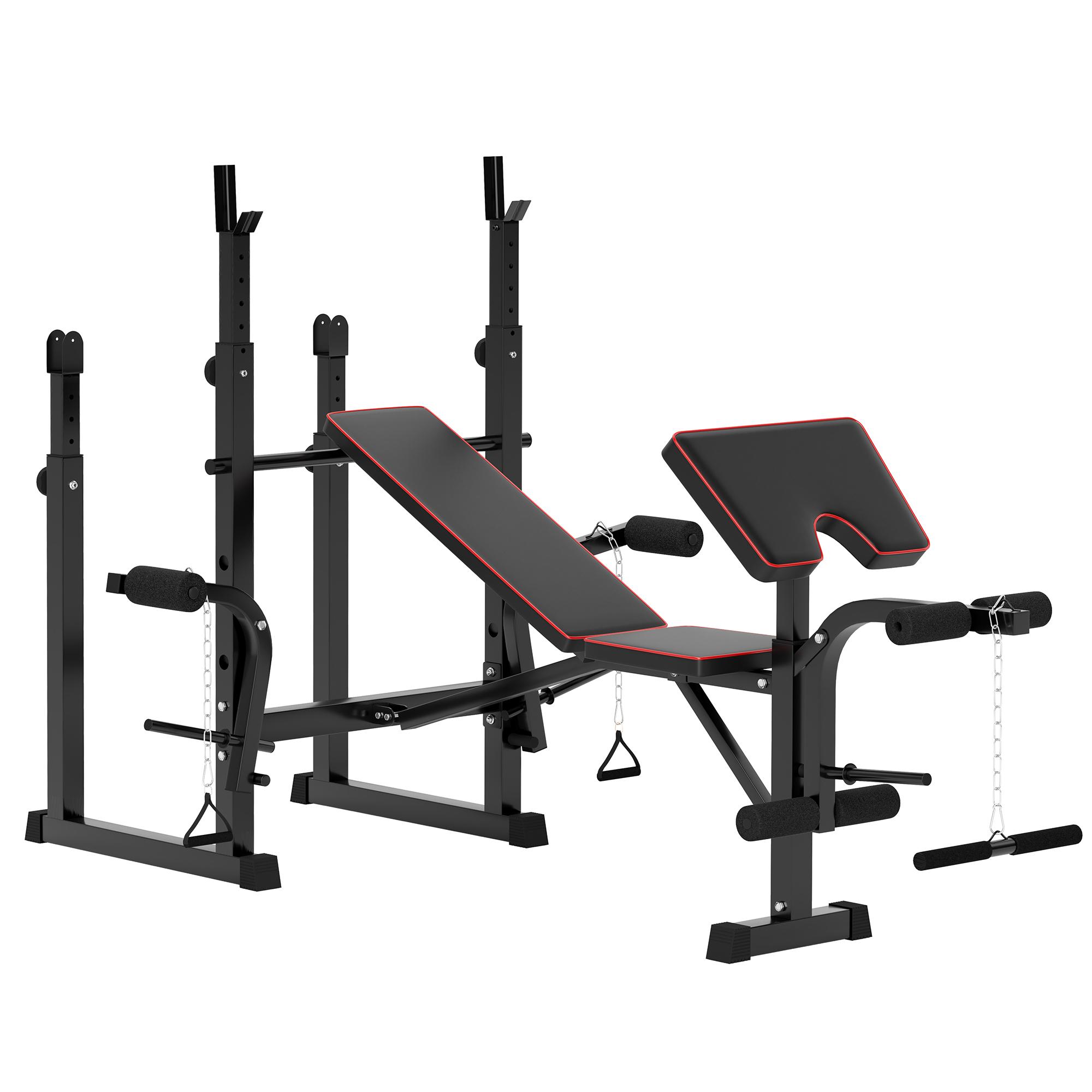 Banco de Musculação Dobrável Banco Multifunções com Suportes para Barras e Encosto Ajustável para Treino Completo de Corpo Preto