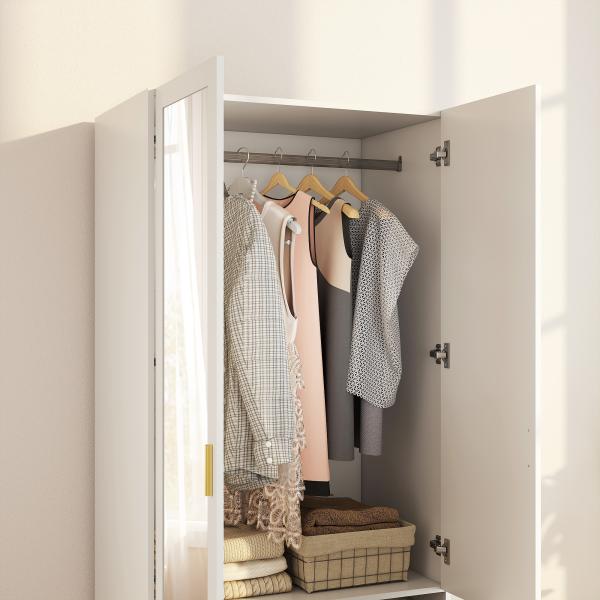 Roupeiro com 2 Portas e 2 Gavetas Armário Roupeiro com Espelho Barra para Pendurar Estilo Moderno 80x50x180 cm Branco