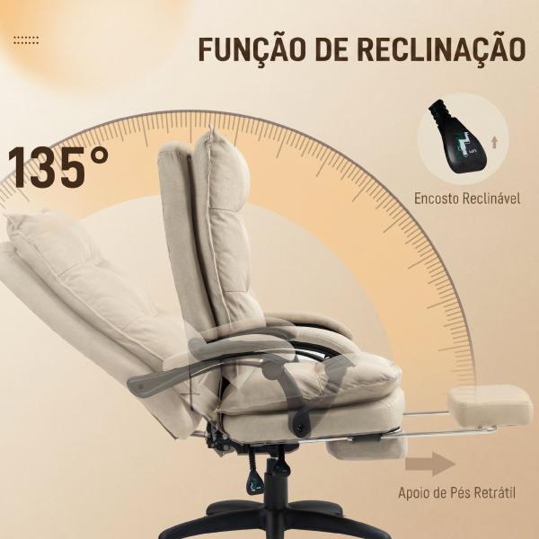 Cadeira de Secretária com Massagem, Altura Regulável, Encosto Reclinável, Apoio para os Pés, Giratória 360°, Bege