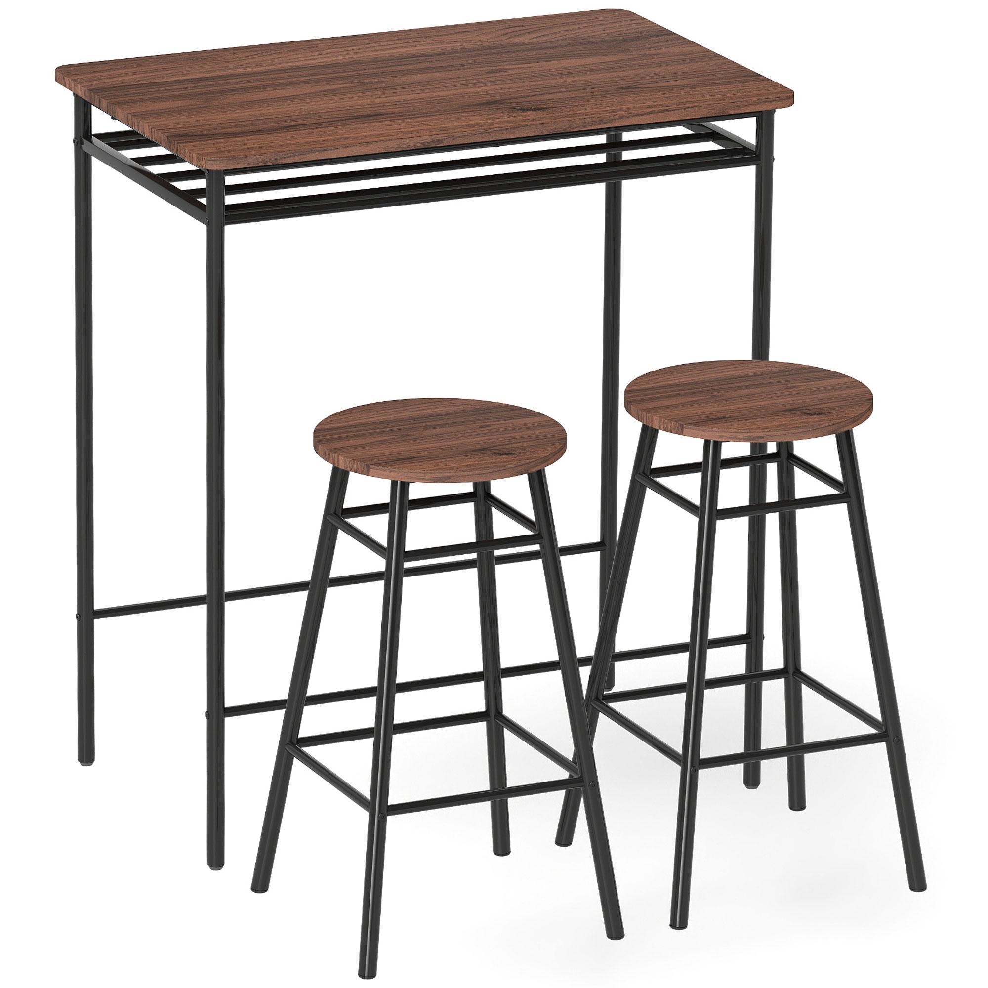 Mesa Alta de Cozinha com 2 Bancos EstiIo Industrial Prateleira Aberta Apoio para Pés para Espaços Reduzidos Castanho