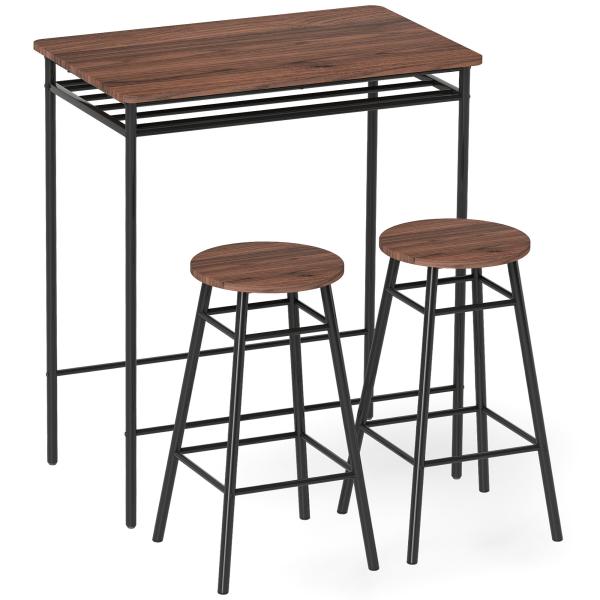 Mesa Alta de Cozinha com 2 Bancos EstiIo Industrial Prateleira Aberta Apoio para Pés para Espaços Reduzidos Castanho