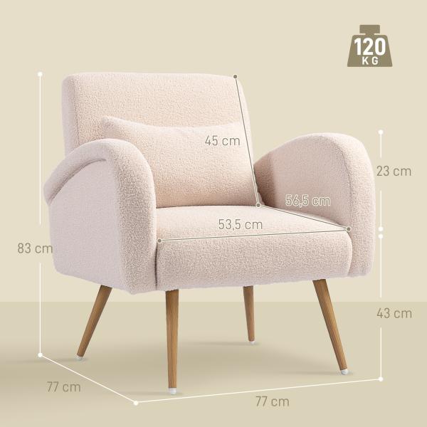 Poltrona em Tecido Teddy com Almofada Lombar Amovível e Pés Metálicos com Efeito Madeira para Quarto Bege