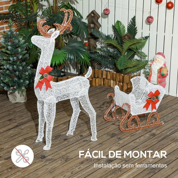 Rena com Trenó Luminoso Decoração de Natal com 170 LED Branco Quente Iluminação Natalícia 50x29x42 cm Multicor