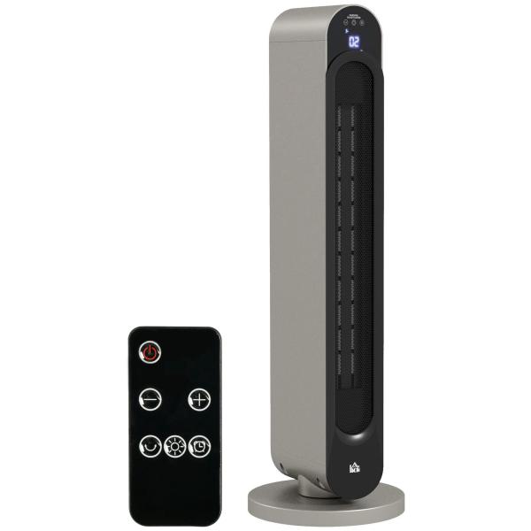 Aquecedor Cerâmico de Torre 1100/2200W com Controlo Remoto Ecrã LED Temporizador de 12h Termostato 3 Modos Ø25x73,5 cm Prata e Preto