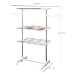 Estendal para Roupa Dobrável 80x55x152cm com 6 Rodas e 3 Prateleiras com Altura Ajustável de Aço Inoxidável Prateado