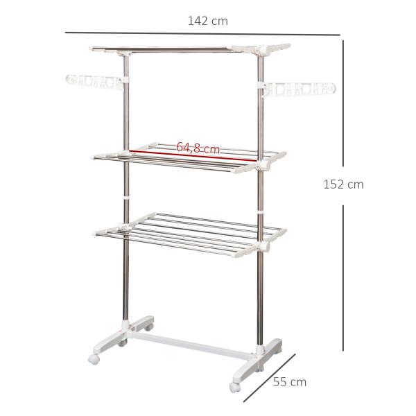 Estendal para Roupa Dobrável 80x55x152cm com 6 Rodas e 3 Prateleiras com Altura Ajustável de Aço Inoxidável Prateado