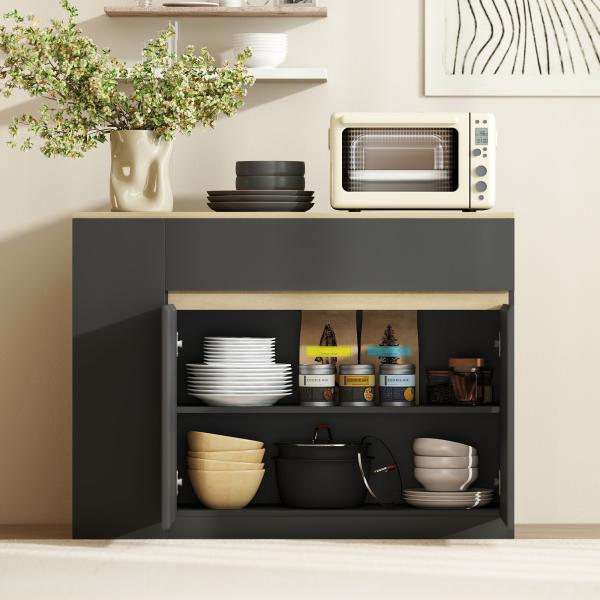 Aparador de Cozinha com Armário 2 Gavetas 3 Prateleiras Abertas 2 Portas e Prateleira Ajustável 110x29,5x82 cm Preto