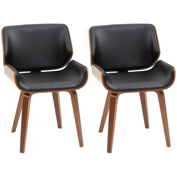Conjunto de 2 Cadeiras de Jantar com Pés de Madeira Estofadas em Couro Sintético Encosto Curvado 53x54x81 cm Preto
