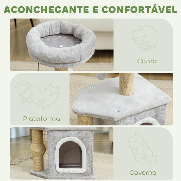 Arranhador para Gatos com Cama Caverna Plataforma Bola Suspensa e Poste de Juta 42x30x66 cm Cinza e Bege