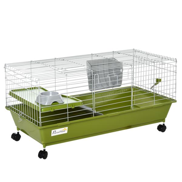 Gaiola para Pequenos Animais com Rodas, Bebedouro, Comedouro e Dispensador de Feno, para Coelhos e Porquinhos - da - Índia, 89x44x43 cm, Verde