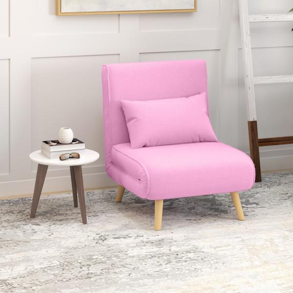 Sofá - Cama Individual Dobrável com Encosto Ajustável 5 Posições Cadeirão - Cama Estofado com Almofada 72x75x85 cm Rosa