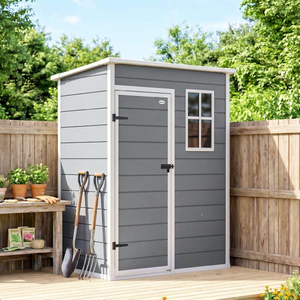 Abrigo de Jardim 1,14 m² 151x92x193 cm Abrigo de Exterior Metálico com Chão Porta de Correr Janela e Teto Inclinado Cinzento