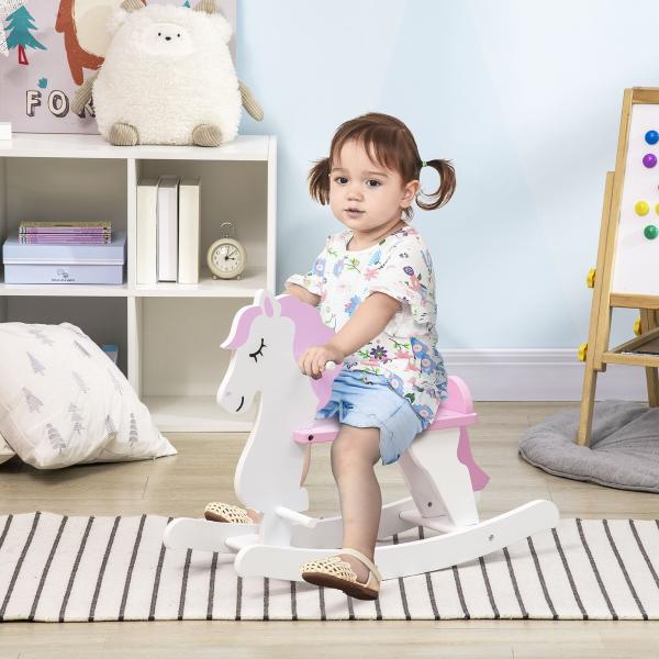 Cavalo Baloiço para Crianças de 1 - 3 Anos Cavalo Baloiço de Madeira com Guiador e Apoio para os Pés 68x27x46,5cm Branco e Rosa