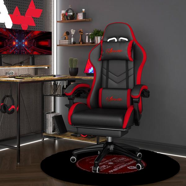 Cadeira Gaming Ergonómica Reclinável 135° de Couro PU com Suporte Lombar Altura Ajustável 65x65x129 cm Preto e Vermelho