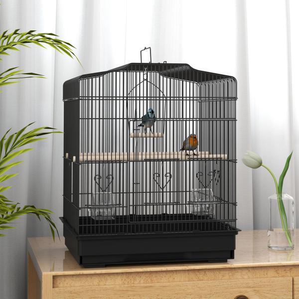 Gaiola para Pássaros 46,5x36x59 cm Gaiola de Metal para Pássaros com 2 Comedouros 2 Poleiros Baloiço Bandeja Amovível Preto