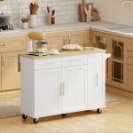 Ilha de Cozinha com Rodas Bancada Dobrável 2 Portas com Fecho Suave e Bandeja Extraível 129x65x91 cm Branco