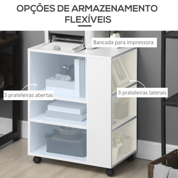 Armário para Impressora Móvel Auxiliar de Escritório com Rodas e Prateleiras Abertas Carga Máxima 30kg 60x40x75,8cm Branco