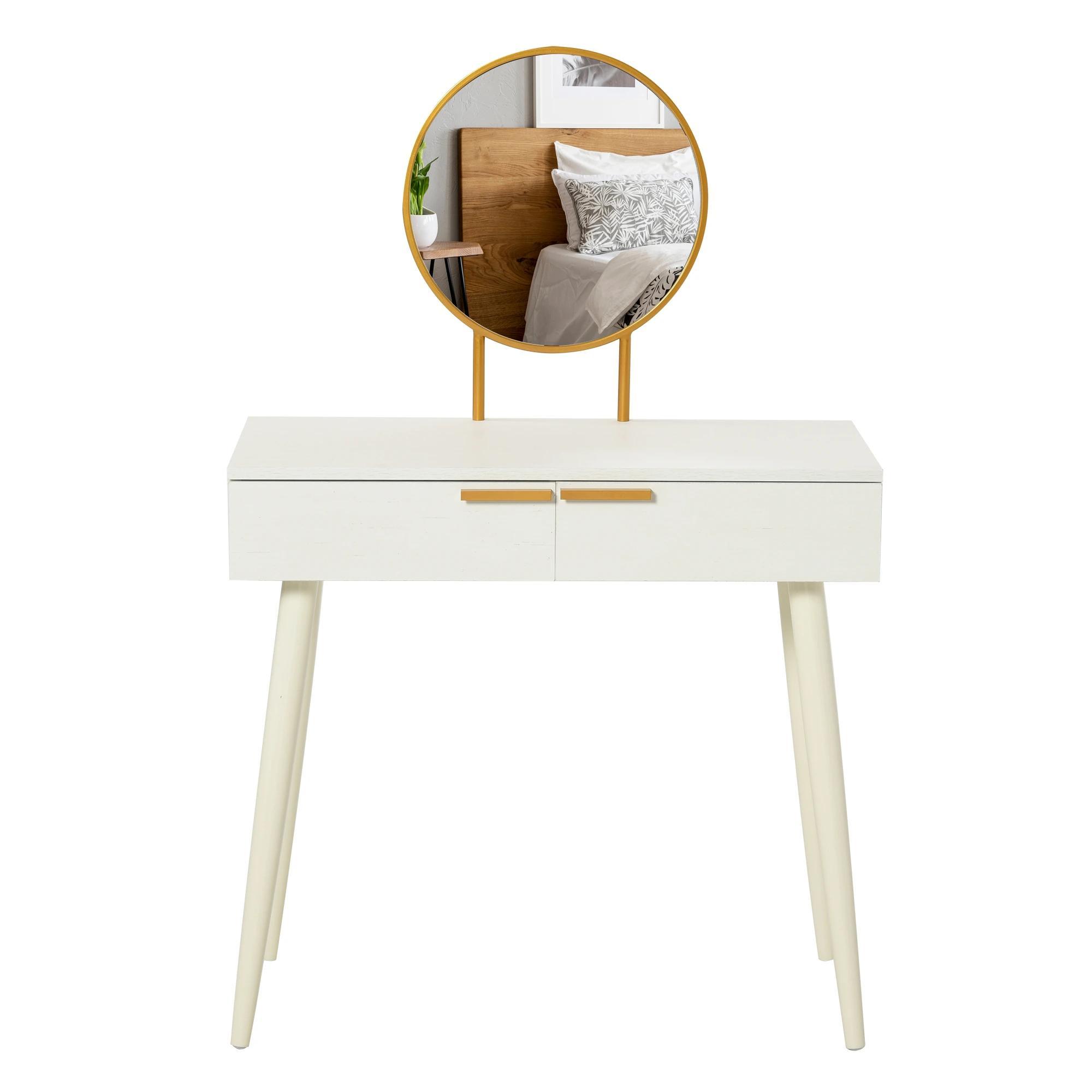 Toucador com Espelho Redondo Mesa de Maquilhagem com 2 Gavetas Estilo Moderno para Dormitório 80x40x123cm Branco