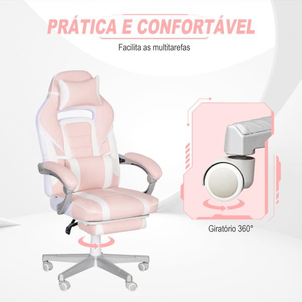 Cadeira Gaming Cadeira de Escritório Reclinável Apoio para os Pés Retrátil Suporte Lombar e Almofada para a Cabeça 63x63x115,5 - 123 cm Rosa