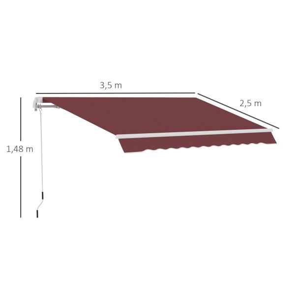 Toldo Manual Retrátil 3,5x2,5 m com Ângulo Ajustável Manivela, Estrutura de Alumínio e Proteção UPF30+ Vinho Tinto