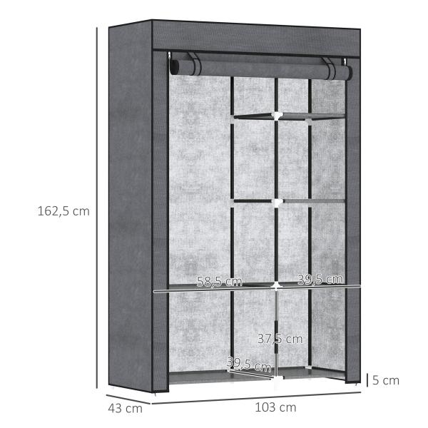Roupeiro de Tecido Dobrável com 6 Prateleiras e 1 Barra de Pendurar para Dormitório Vestidor 103x43x162,5 cm Cinzento