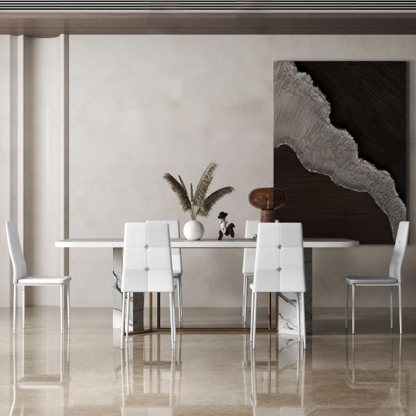 Conjunto de 6 Cadeiras de Sala de Jantar Estofadas em PU Cadeiras de Cozinha com Encosto Alto com Botões 41x50x97 cm Branco