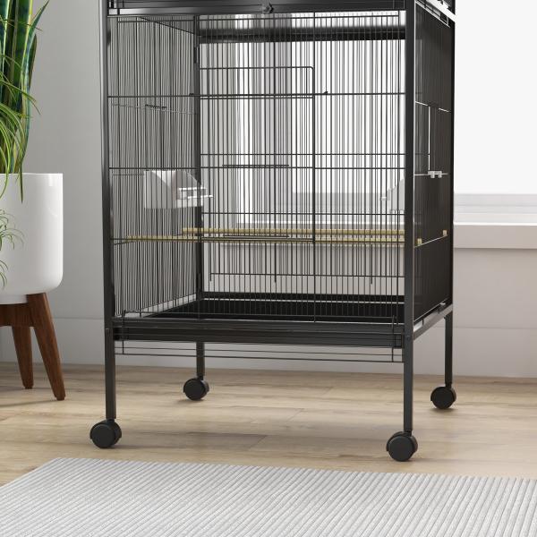 Gaiola para Pássaros Convertível em Somente Uma com Rodas 4 Comedouros e 4 Poleiros e Bandejas Amovíveis 78x75x168 cm Preto