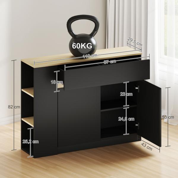 Aparador de Cozinha com Armário 2 Gavetas 3 Prateleiras Abertas 2 Portas e Prateleira Ajustável 110x29,5x82 cm Preto