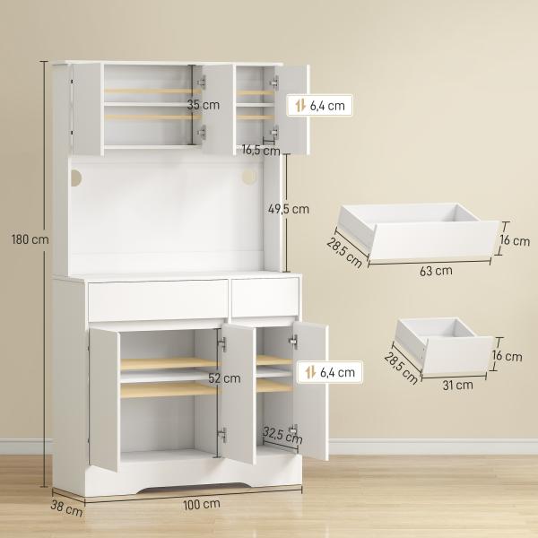 Armário de Cozinha com Luz LED RGB, Bancada para Micro - ondas, 6 Portas, 2 Gavetas, Prateleiras Ajustáveis e Comando à Distância, Branco