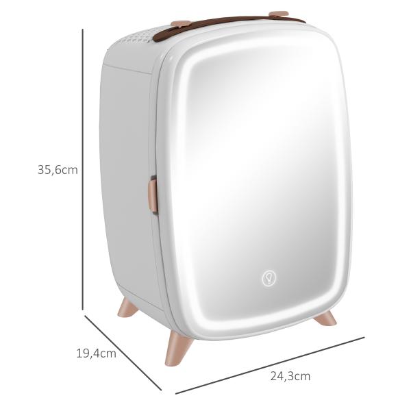 Mini Frigorífico de Cosméticos 6L de 9V com Porta com Espelho e Luz LED Ajustável em 3 Níveis 24,3x19,4x35,6 cm Branco