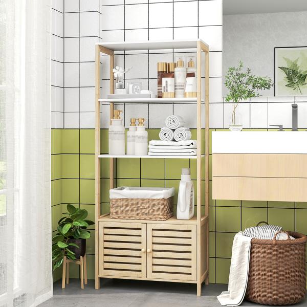 Estante para Casa de Banho de Bambu com 3 Prateleiras Abertas Estante de Arrumação Casa de Banho com Portas Ripadas 63x30x138 cm Madeira e Branco