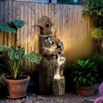 Fonte de Jardim 2 em 1 com Casa para Pássaros Fonte de Água com Luzes LED Bomba Fonte Decorativa com Troncos de Árvore Multicor
