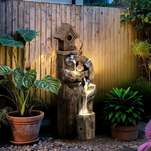 Fonte de Jardim 2 em 1 com Casa para Pássaros Fonte de Água com Luzes LED Bomba Fonte Decorativa com Troncos de Árvore Multicor