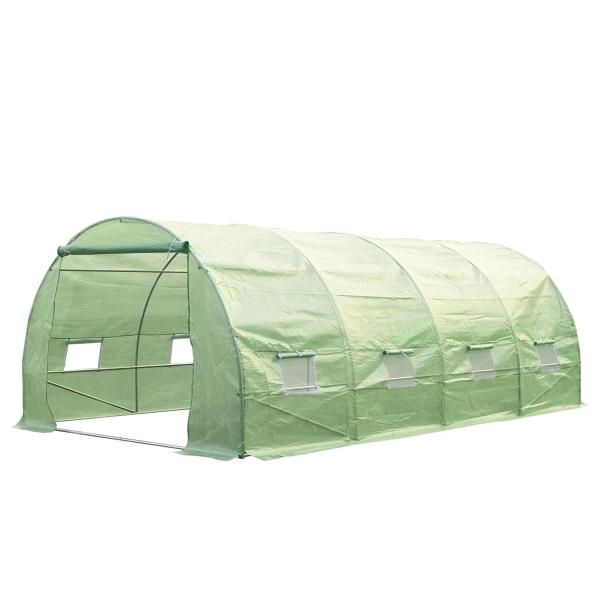Estufa Tipo Túnel 590x300x200cm com Porta Enrolável 8 Janelas Cobertura de PE 140g/m² e Tubo de Aço para Cultivos de Plantas Verduras Verde