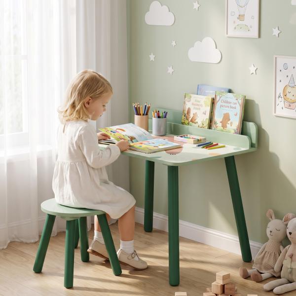 Mesa e Cadeira para Crianças com Prateleira para Livros Secretária para Crianças acima de 3 Anos Verde